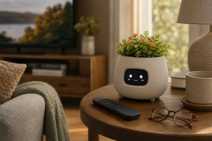 Rae voice companion beside a television remote at home