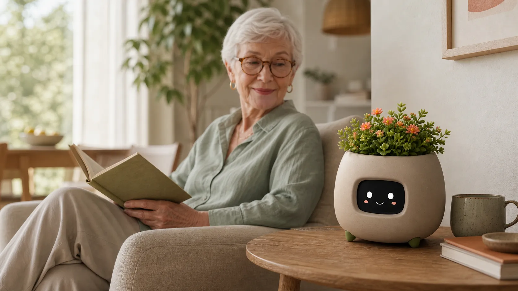 An older woman at home with Rae beside her